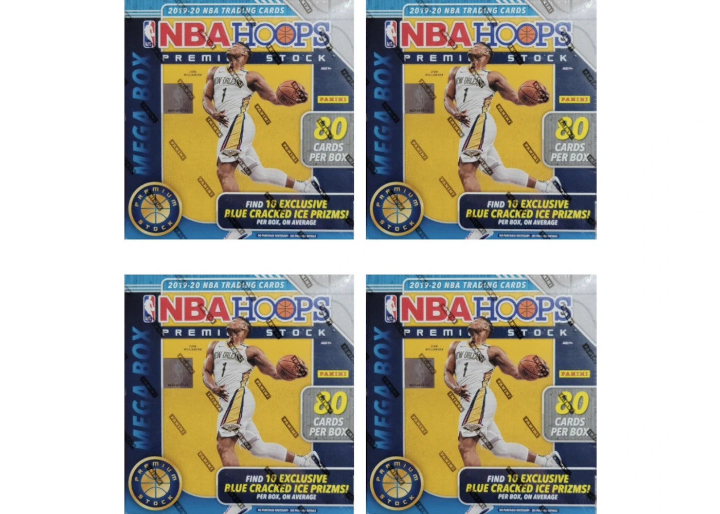 2019-20 Panini NBA Hoops Premium Stock-Basketball 80 Ct. Mega Box (Blue Cracked Ice) 4x Lot