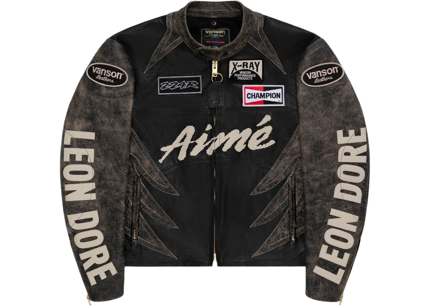 Aime Leon Dore x Vanson Distressed Leather Moto Jacket-Black/Cream