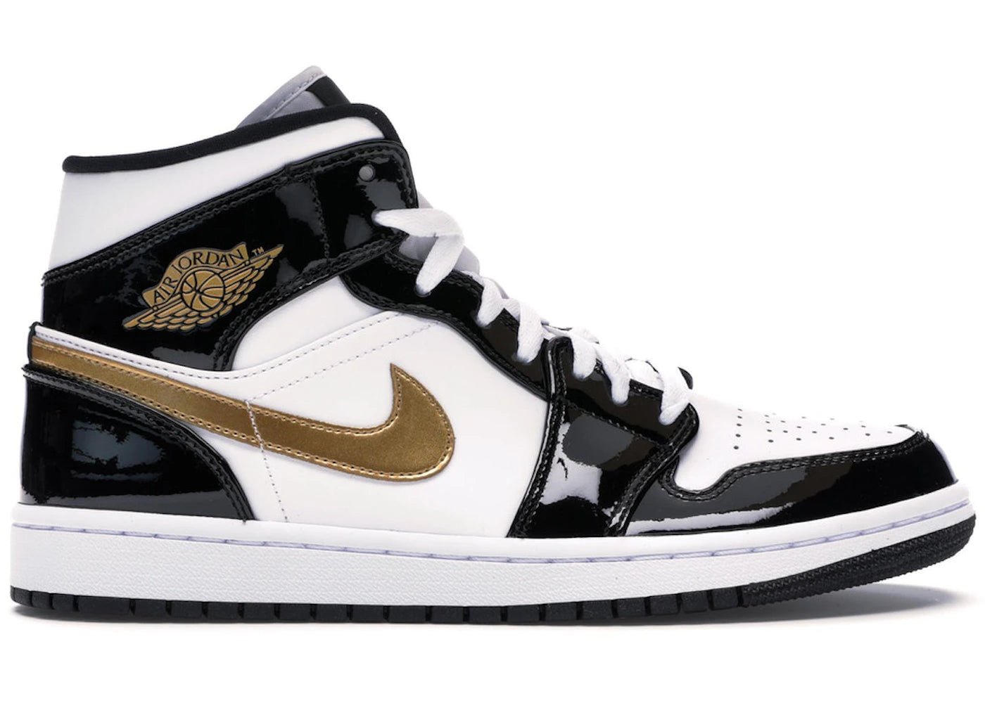 Jordan 1 Mid-Patent Black White Gold