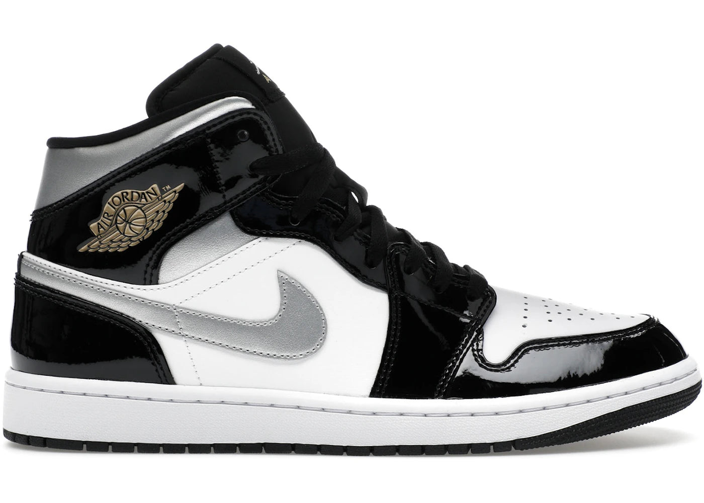 Jordan 1 Mid SE-Patent Black White Metallic Silver Metallic Gold