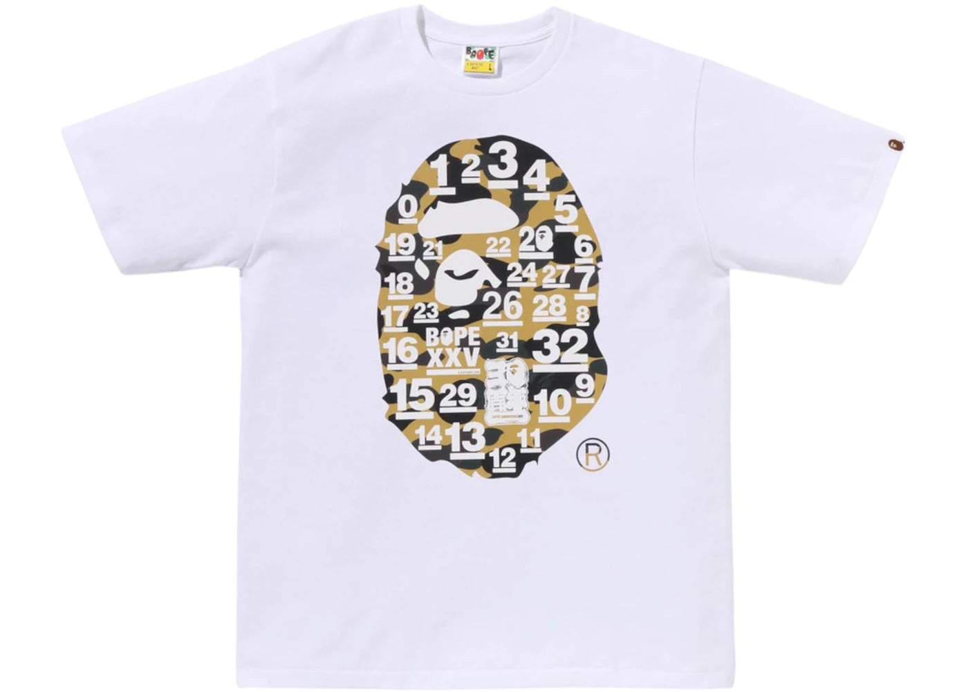T-shirt BAPE A Bathing Ape 32e anniversaire 1er Camo Big Ape Head - Blanc/Jaune