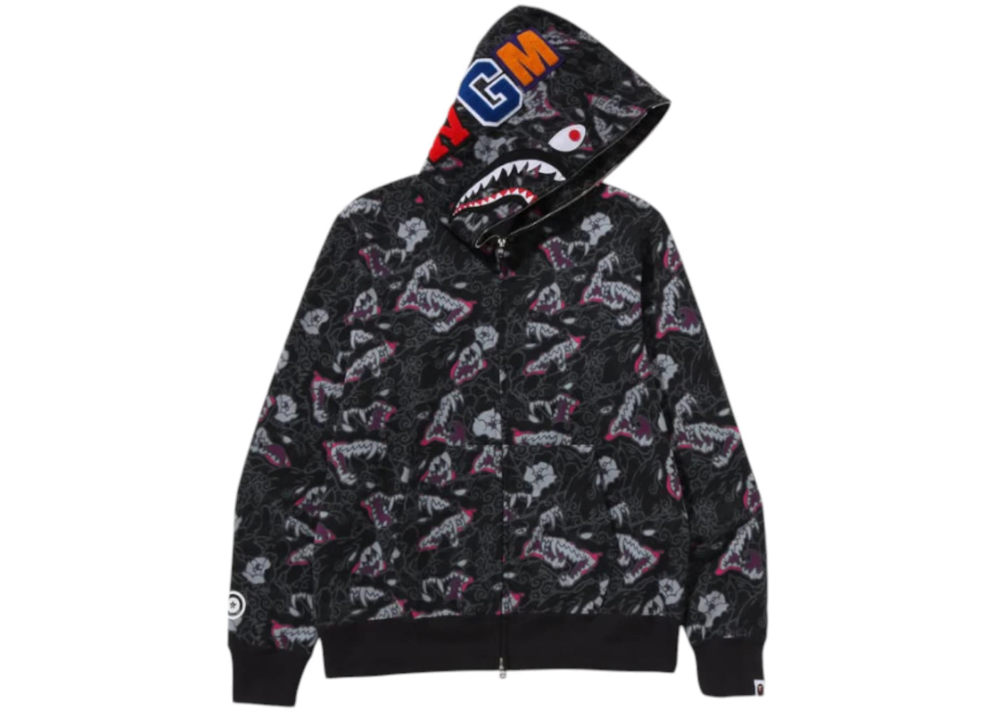 BAPE A Bathing Ape Japanese Tattoo Camo Shark Full Zip Hoodie-Black