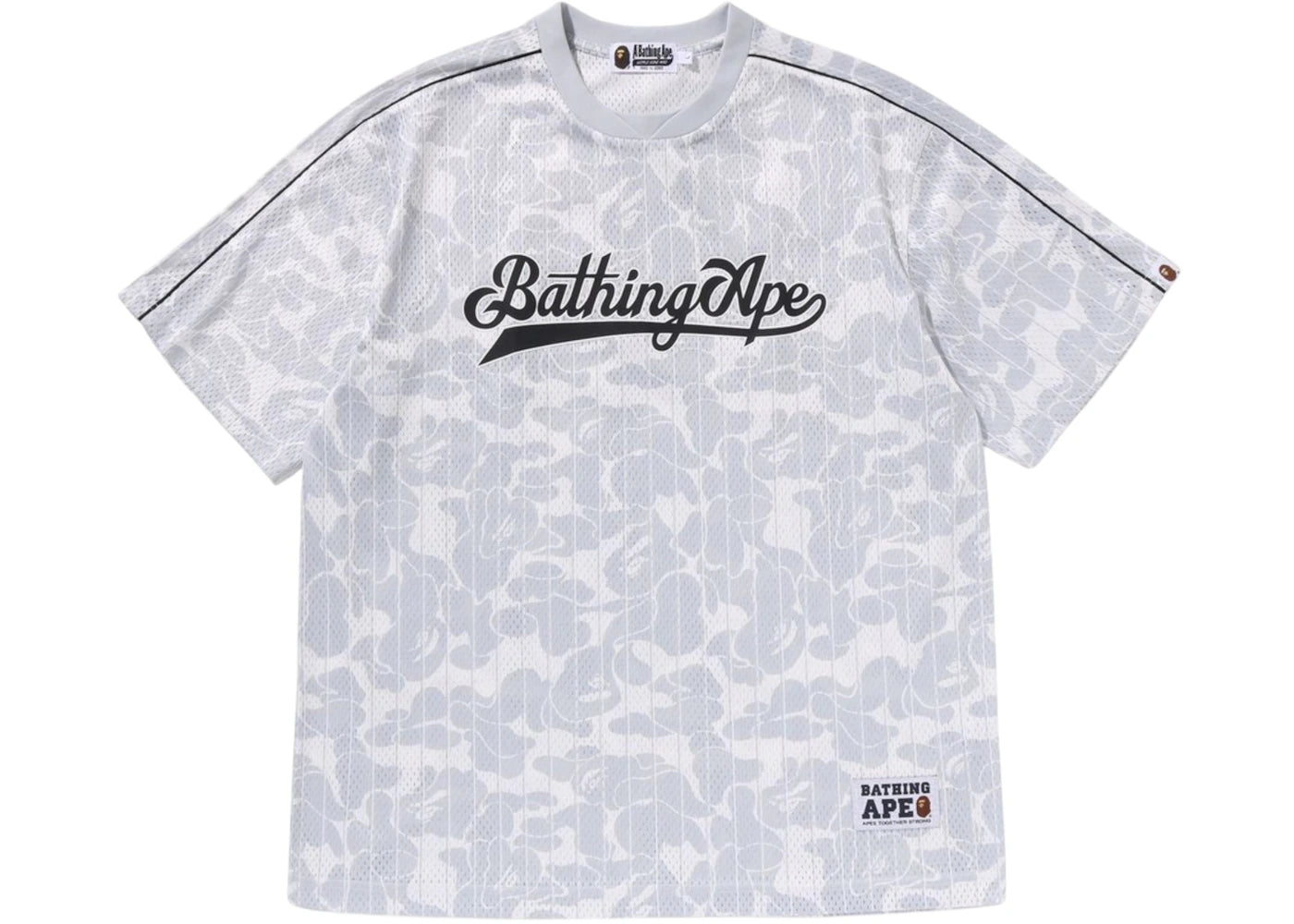 T-shirt BAPE à rayures camouflage et logo baseball, coupe décontractée, gris