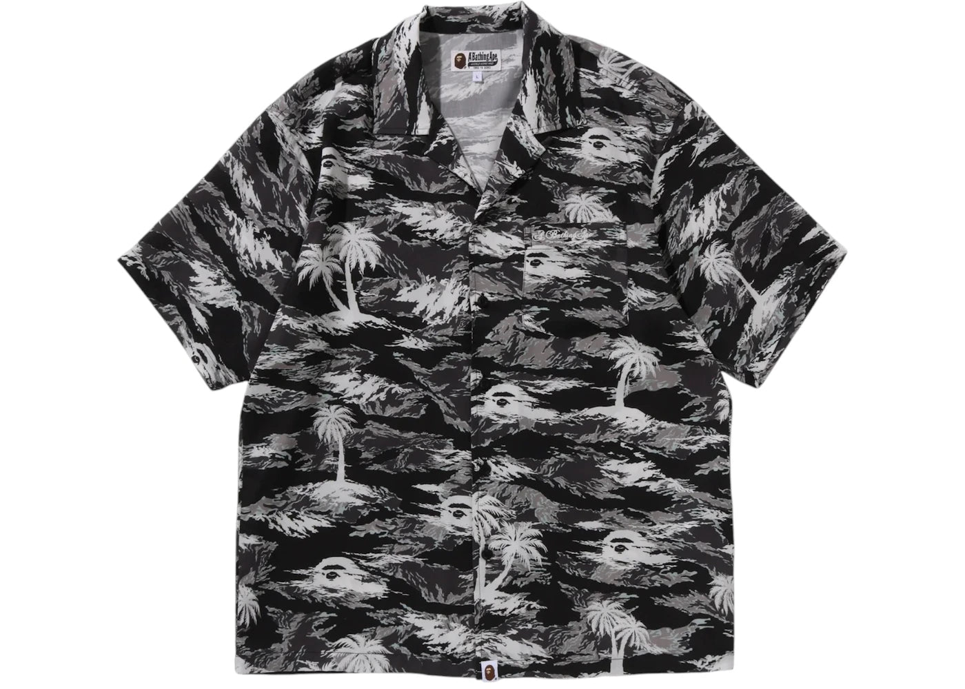 Chemise BAPE Palm Tree Camo à col ouvert et poches, manches courtes - Noire