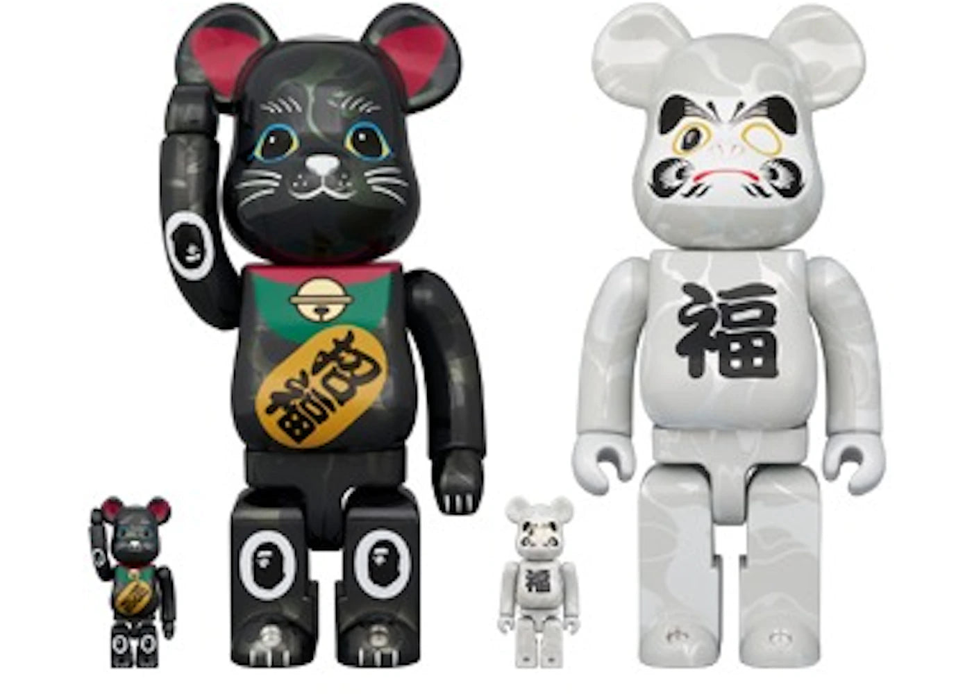 Bearbrick BAPE (R) Maneki Neko plaqué noir / Daruma blanc (lot de 4) 100 % et 400 %