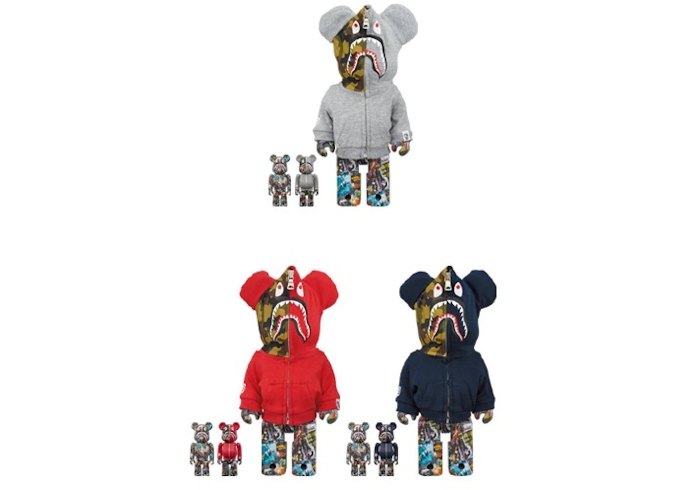 Bearbrick Bape Legacy Camo Shark 3 PC Set 100% & 400% Set-Grey/Red/Navy