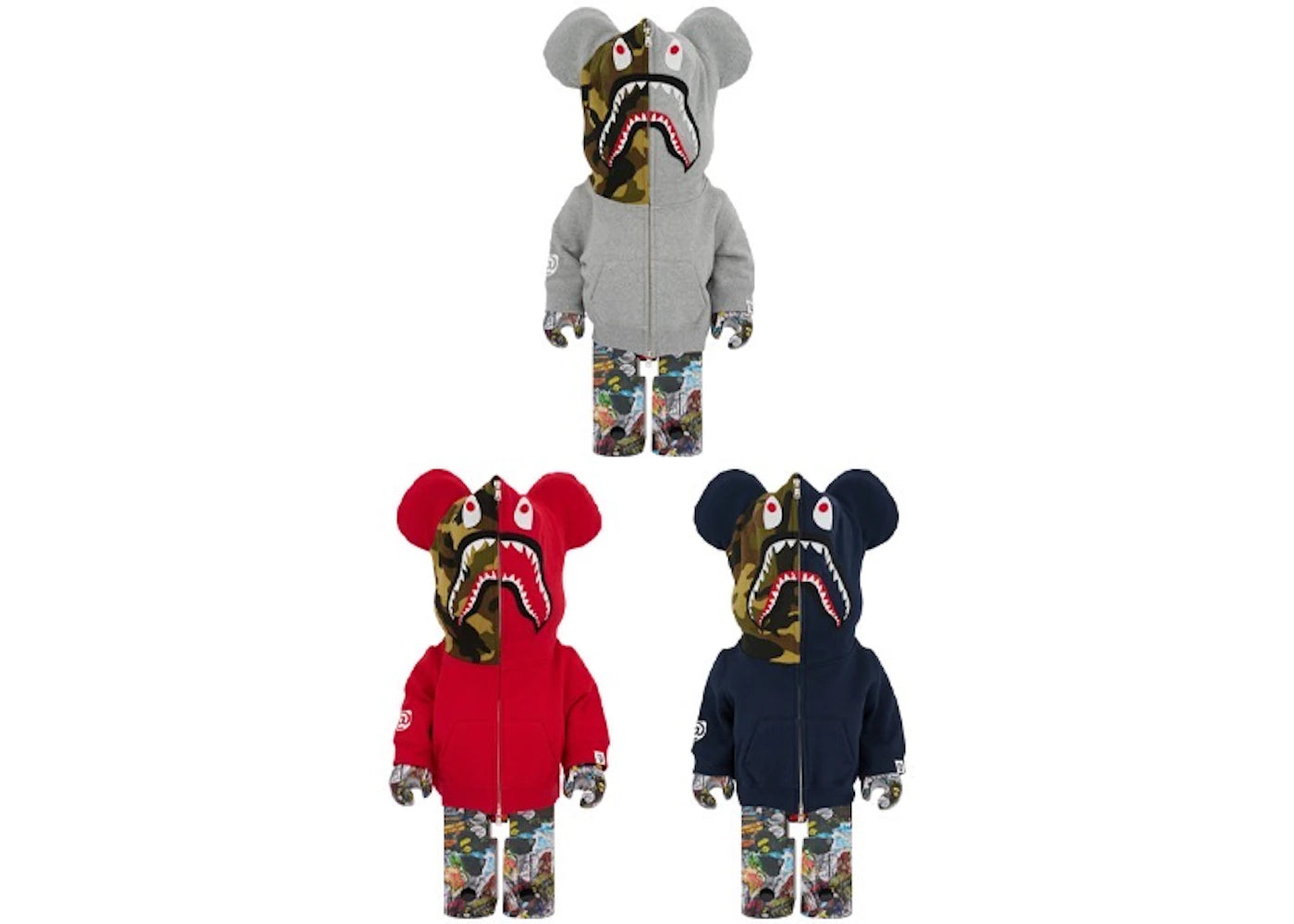 Bearbrick Bape Legacy Camo Shark 3 PC Set 1000%-Grey/Red/Navy