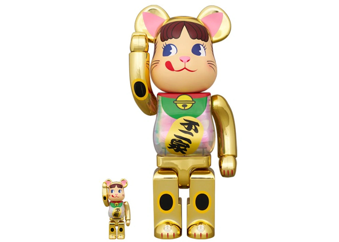 Bearbrick Maneki Neko Peko-Chan Glow in the Dark Milky 100% & 400% Set-Gold Plated