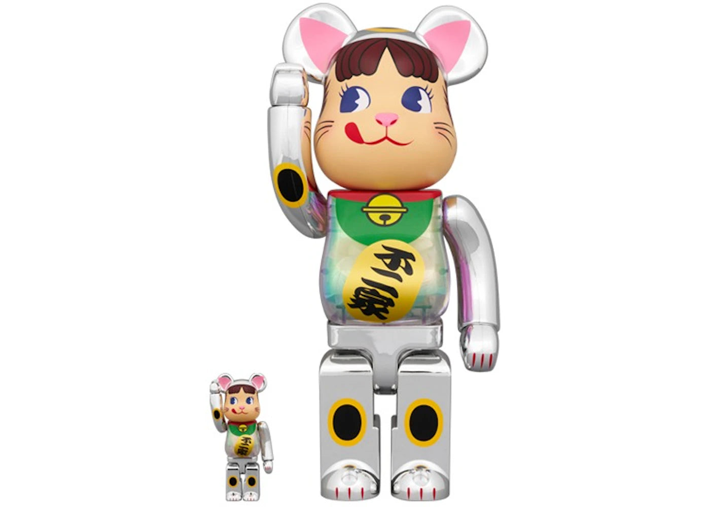 Bearbrick Maneki Neko Peko-Chan Silver Plated Glow In The Dark Milky 100% & 400% Set-