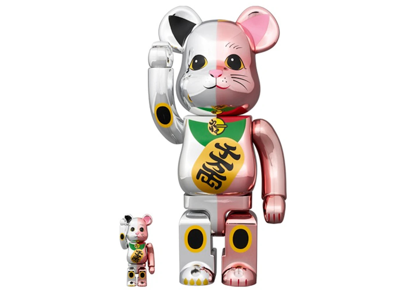Bearbrick Maneki Neko Ten Man Ryo 100% & 400% Set-Silver/Pink Plated