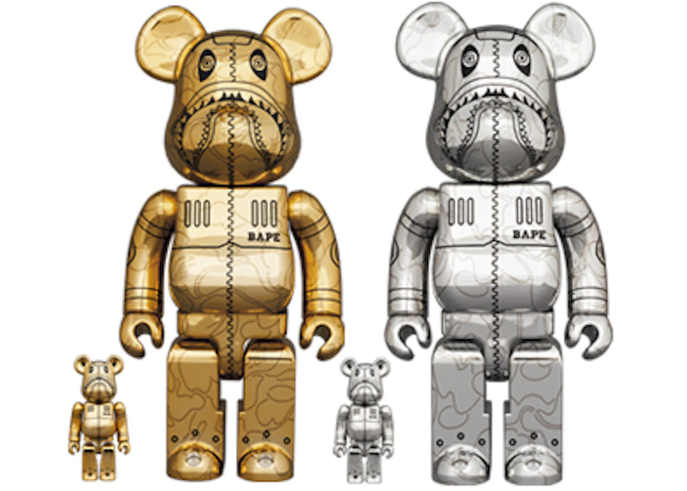 Ensemble de 4 pièces Bearbrick x BAPE x Hajime Sorayama Camo Shark 100 % et 400 % - Or et Argent