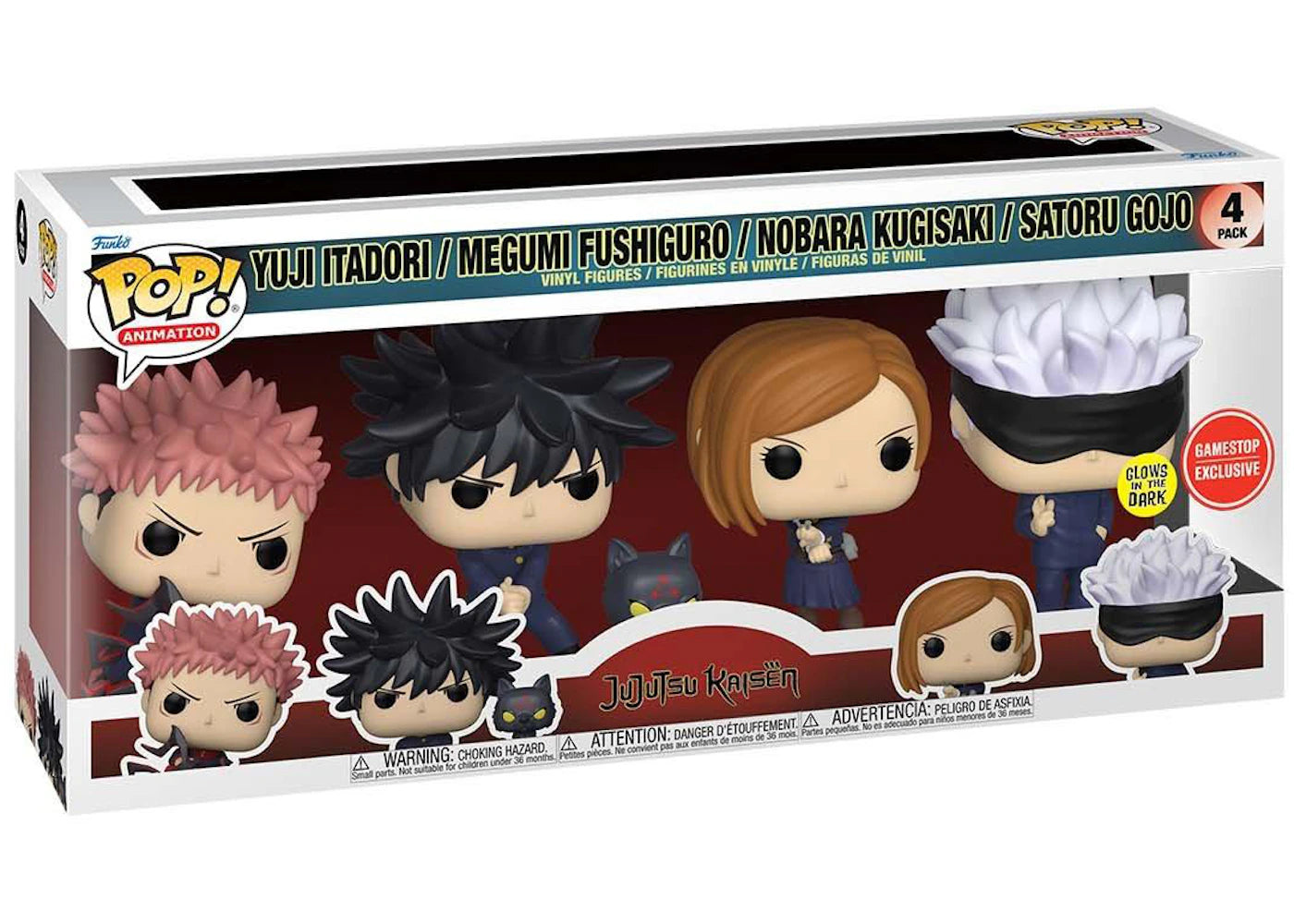 Funko Pop! Animation Jujutsu Kaisen Yuji Itadori, Megumi Fushguro, Nobara Kugisaki and Satoru Gojo GITD GameStop Exclusive 4-Pack-