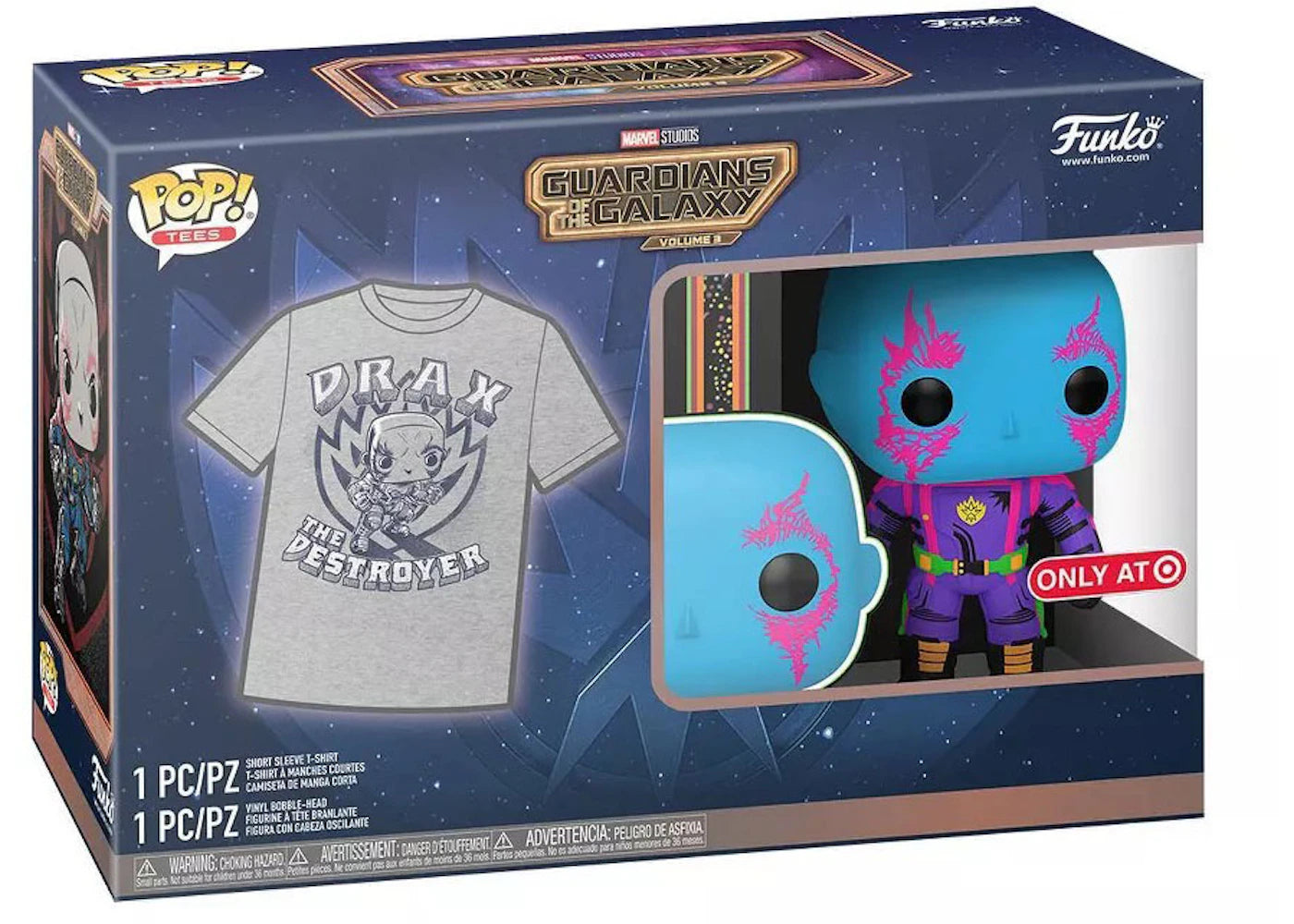 Funko Pop! Marvel Studios Guardians of the Galaxy Volume 3 Blacklight Drax with Tee Target Exclusive Bundle-