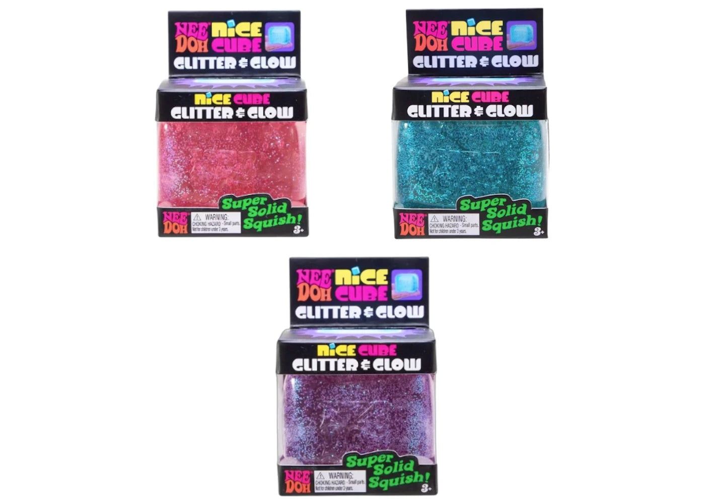 NeeDoh Nice Cube Glitter and Glow Squishy Fidget Toy Set of 3 Pink/ Purple/ Blue - main view