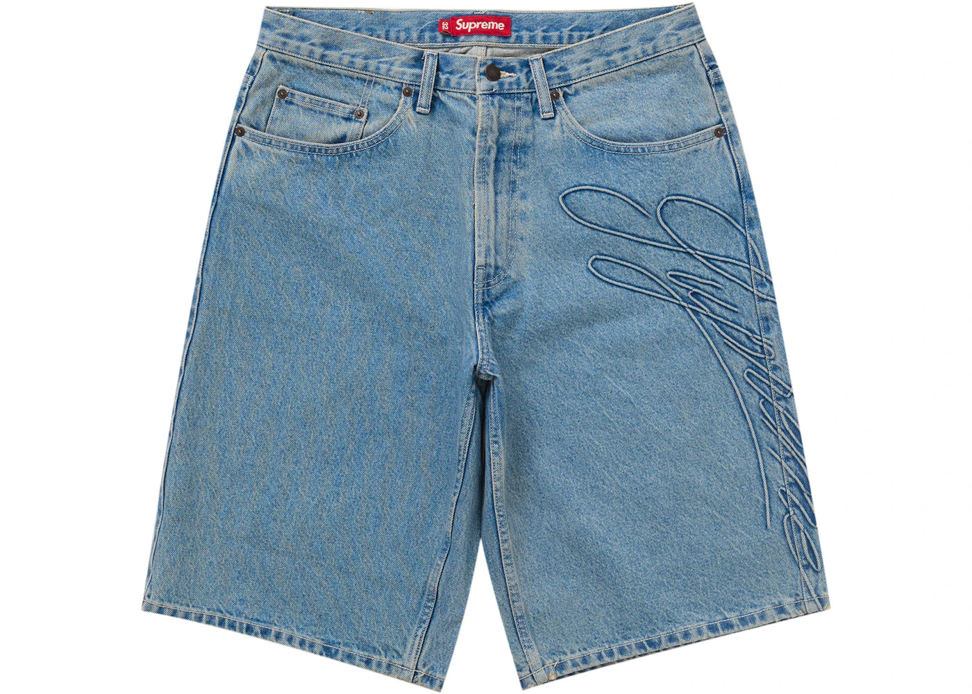 Jean baggy Supreme Script indigo délavé court