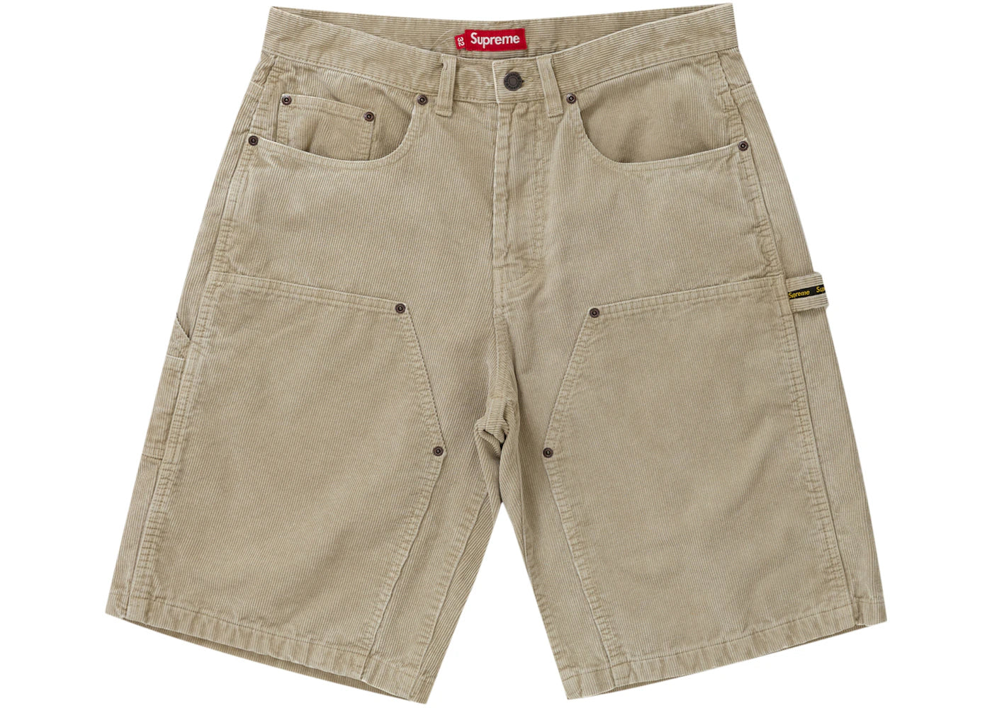 Short de peintre Supreme en velours côtelé délavé, double genou, couleur beige